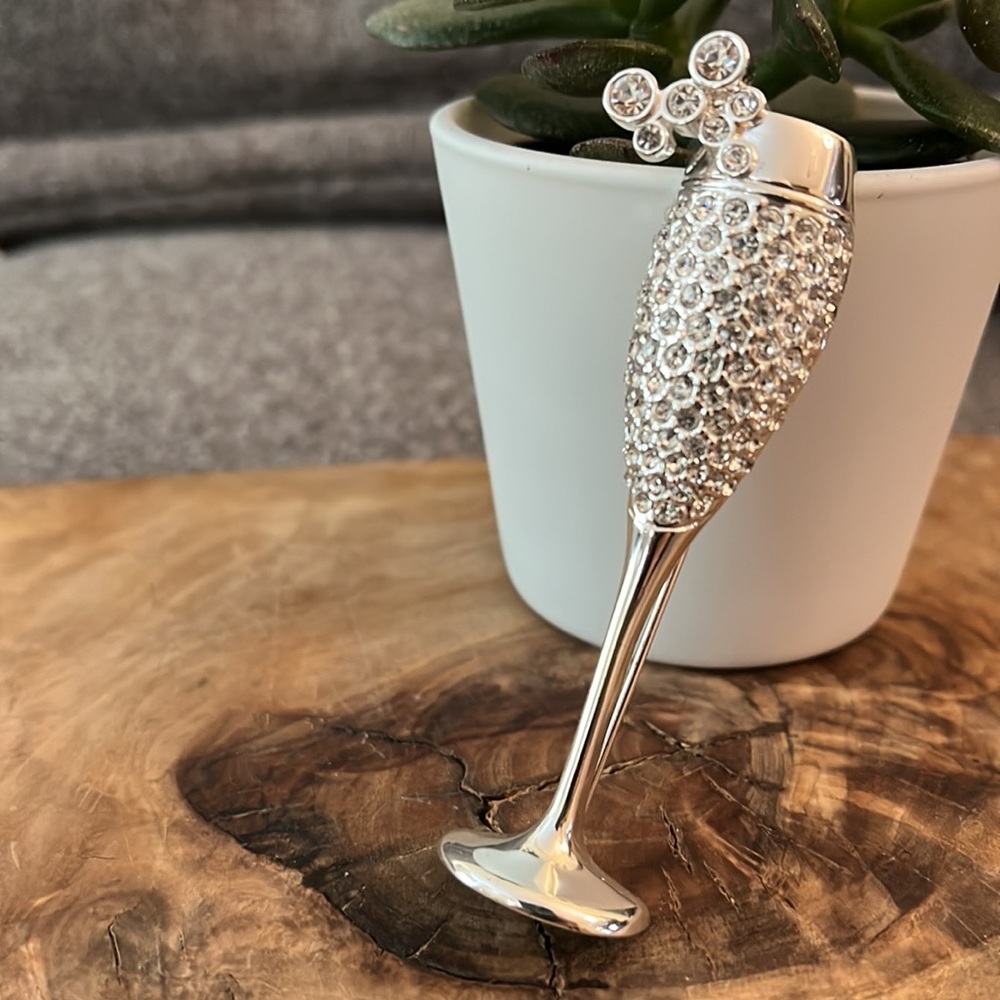 Vintage Carolee Silver Rhinestone Champagne Glass Flute Pin Brooch